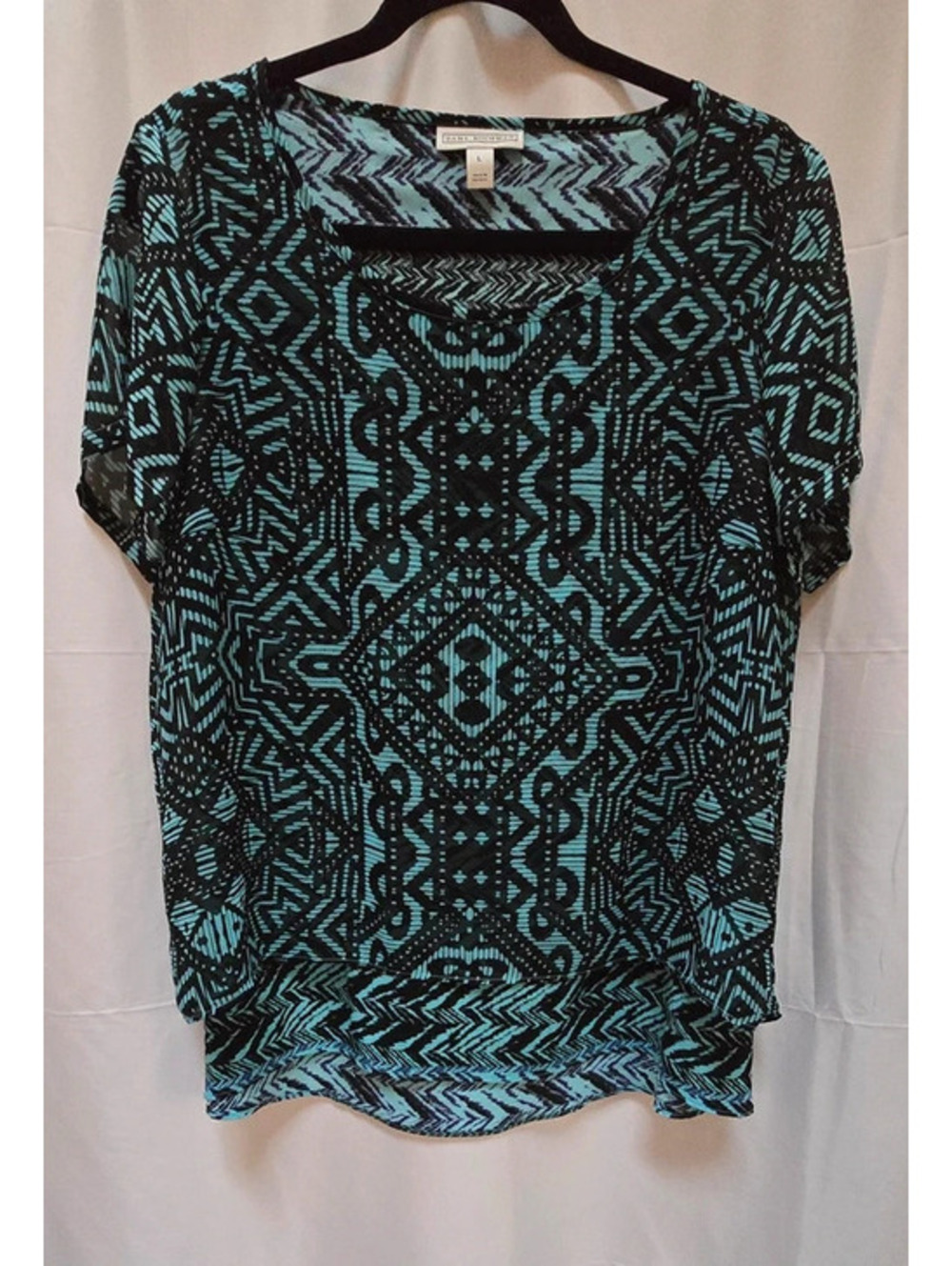 Dana Buchman Layered Geometric Blouse Size L Black Teal